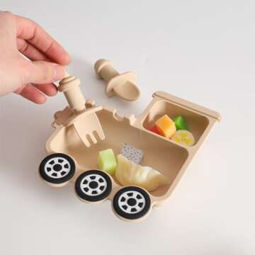 Baby Suction Plate Silicone, 5 Piece Baby Feeding Set - Non Slip Unique Trains Toddler Plates with Fork Spoon, Kids Baby Weaning Plate for No More Meal Time Mess (Beige-Black)