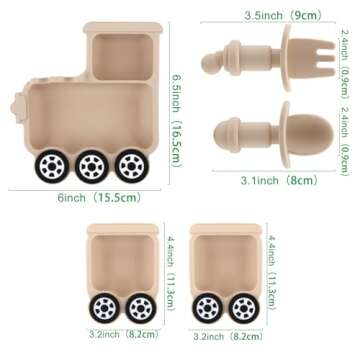 Baby Suction Plate Silicone, 5 Piece Baby Feeding Set - Non Slip Unique Trains Toddler Plates with Fork Spoon, Kids Baby Weaning Plate for No More Meal Time Mess (Beige-Black)