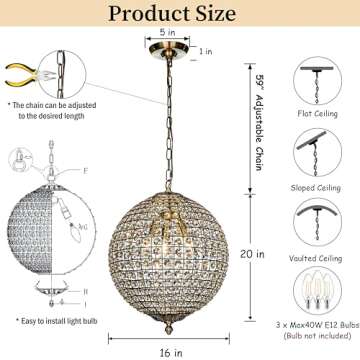 ALOADECOR 3-Light 16" Retro Antique Gold Crystal Globe Chandelier Sphere Cage-Style Shade Pendant Light for Kitchen Isl and Dining Room