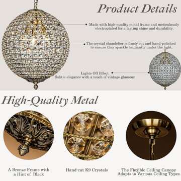 ALOADECOR 3-Light 16" Retro Antique Gold Crystal Globe Chandelier Sphere Cage-Style Shade Pendant Light for Kitchen Isl and Dining Room