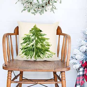 4TH Emotion Watercolor Christmas Tree Throw Pillow Cover Cushion Case for Home Decor Sofa Couch 18" x 18" Inch Linen Farmhouse Christmas Decorations