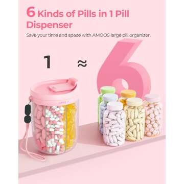 AMOOS Large Pill Dispenser with 6 Compartments, Anti-Mix Pill Bottle Organizer with Wide Opening & Easy Retrieval, Vitamin Organizer for Travel, BPA-Free Pill Box with a Strap and 20 Sticky Labels