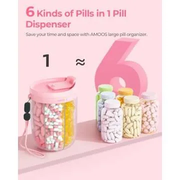 AMOOS Large Pill Dispenser with 6 Compartments, Anti-Mix Pill Bottle Organizer with Wide Opening & Easy Retrieval, Vitamin Organizer for Travel, BPA-Free Pill Box with a Strap and 20 Sticky Labels
