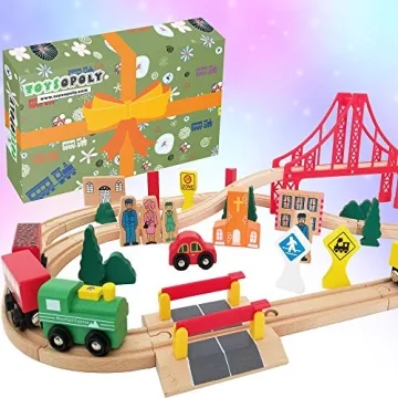 Wooden Train Tracks Full Set - 55 Pcs Deluxe Set for Kids