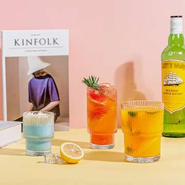 Combler Ribbed Glass Cups with Glass Straws, 11oz Drinking Glasses Set of 8, Ribbed Glassware Sets for Whiskey Cocktail Beer Smoothie Iced Coffee Glasses, House Warming Gifts New Home, Bar Essentials