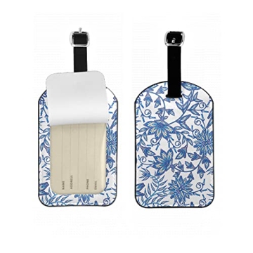 Zoczos Blue Flower Leather Luggage ID Tag Geometric Leaves Paisley Baggage Tags with Full Privacy Co...
