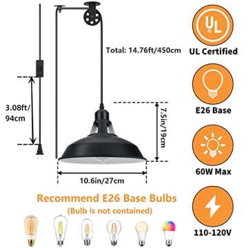 Lomoky Plug in Pendant Light, Hanging Lamp with Black Barn Pendant Lighting with 14.76ft Cord On/Off...