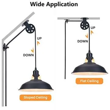 Lomoky Plug in Pendant Light, Hanging Lamp with Black Barn Pendant Lighting with 14.76ft Cord On/Off Switch, Adjustable Pulley Hanging Pendant Lighting for Kitchen Bedroom Restaurant 2 Pack