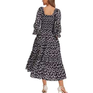 STITCH FEED Women's Puff Long Sleeve Smocked Dress Boho Floral Tiered Square Neck Ruffle Flowy Midi Dresses with Pockets Black