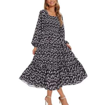 STITCH FEED Women's Puff Long Sleeve Smocked Dress Boho Floral Tiered Square Neck Ruffle Flowy Midi Dresses with Pockets Black