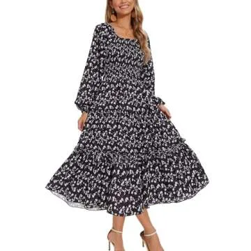 STITCH FEED Women's Puff Long Sleeve Smocked Dress Boho Floral Tiered Square Neck Ruffle Flowy Midi Dresses with Pockets Black