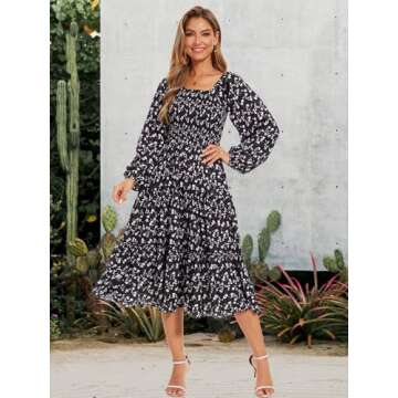 STITCH FEED Women's Puff Long Sleeve Smocked Dress Boho Floral Tiered Square Neck Ruffle Flowy Midi Dresses with Pockets Black