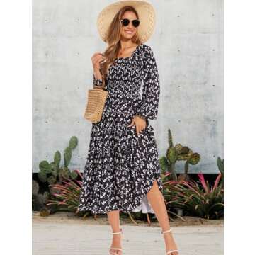 STITCH FEED Women's Puff Long Sleeve Smocked Dress Boho Floral Tiered Square Neck Ruffle Flowy Midi Dresses with Pockets Black