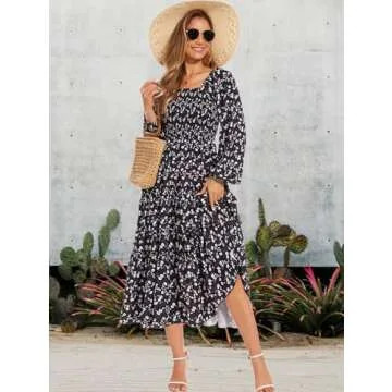 STITCH FEED Women's Puff Long Sleeve Smocked Dress Boho Floral Tiered Square Neck Ruffle Flowy Midi Dresses with Pockets Black