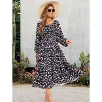 STITCH FEED Women's Puff Long Sleeve Smocked Dress Boho Floral Tiered Square Neck Ruffle Flowy Midi Dresses with Pockets Black