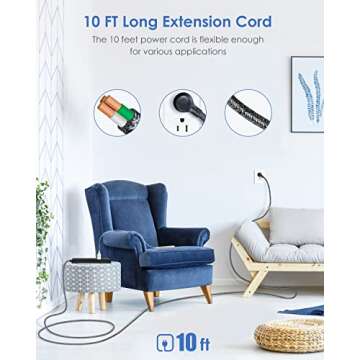 10Ft Long Surge Protector Power Strip - Extension Cord with Multiple Outlets, 5 Widely Outlets 3 USB...