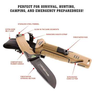 StatGear Surviv-All Fixed-Blade Bowie Knife with Sheath, Firestarter, Sharpener & Cord Cutter for Hu...