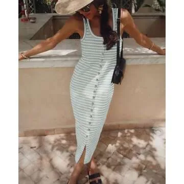 NOLLSOM Spring Dresses for Women Easter Dresses Casual Sleeveless Striped Midi Dresses Split Boho Long Dress(Bean Green,Small)