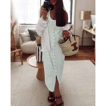 NOLLSOM Spring Dresses for Women Easter Dresses Casual Sleeveless Striped Midi Dresses Split Boho Long Dress(Bean Green,Small)