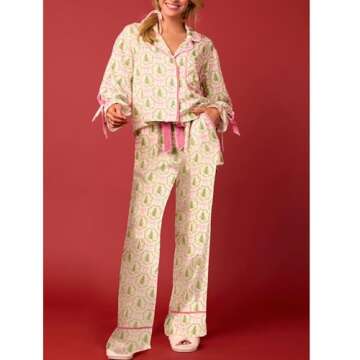 Amiblvowa Women Graphic Print Christmas Set Pajamas Bow Tie Cuff Long Sleeve Shirt Pj Pants Xmas Y2K...