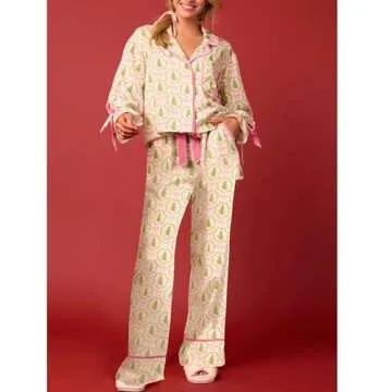 Amiblvowa Women Graphic Print Christmas Set Pajamas Bow Tie Cuff Long Sleeve Shirt Pj Pants Xmas Y2K...