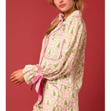 Amiblvowa Women Graphic Print Christmas Set Pajamas Bow Tie Cuff Long Sleeve Shirt Pj Pants Xmas Y2K 2 Piece Satin Loungewear (Yellow, S)