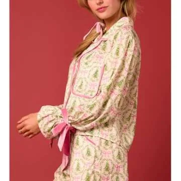 Amiblvowa Women Graphic Print Christmas Set Pajamas Bow Tie Cuff Long Sleeve Shirt Pj Pants Xmas Y2K 2 Piece Satin Loungewear (Yellow, S)