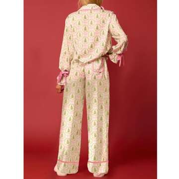Amiblvowa Women Graphic Print Christmas Set Pajamas Bow Tie Cuff Long Sleeve Shirt Pj Pants Xmas Y2K 2 Piece Satin Loungewear (Yellow, S)