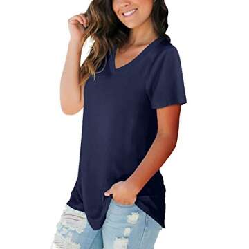 SAMPEEL Womens Short Sleeve V Neck T Shirts Summer Comfy Quality Blouse Navy Blue L