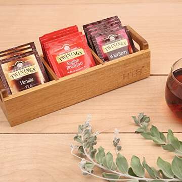 HTB Small Tea Bag Box Wooden, 3 Compartments Acacia Wood Tea Bag Chest with Handle, Mini Countertop ...