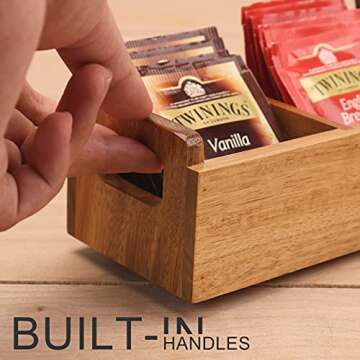 HTB Small Tea Bag Box - Elegant Wooden Organizer with 3 Compartments