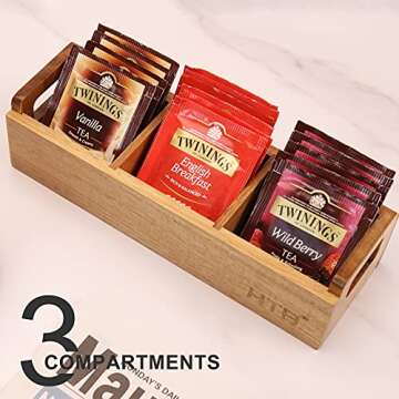 HTB Small Tea Bag Box - Elegant Wooden Organizer with 3 Compartments