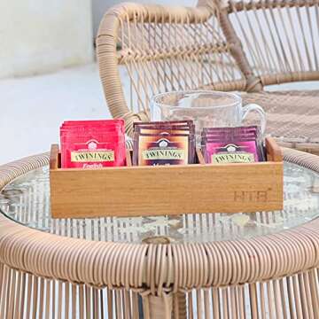 HTB Small Tea Bag Box - Elegant Wooden Organizer with 3 Compartments