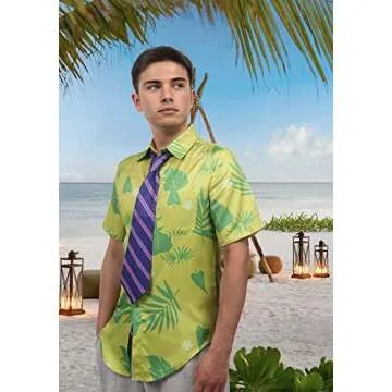 DAZCOS US Size Green Printed T-Shirt Purple Tie for Mens Hawaiian Floral Shirts Cosplay or Casual Ho...