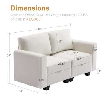 ABCASA Oversized Loveseat with Storage,Fabric Modular Sectional Sofa Couch,Modern Comfy 2 Seater Cou...