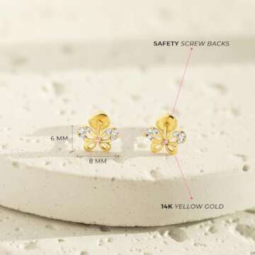 14k Yellow Gold Young Girl's Pink and Clear Cubic Zirconia Butterfly Screw Backs, Round Stud Earrings for Toddlers to Pre-Teens, Lovely and Fashionable Wing Studs- Small Butterflies Safety Screw Back