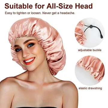 Atudew Satin Bonnet, 2PCS Silk Bonnet, Hair Bonnet for Black Women for Curly Hair Sleeping, Silk Sleeping Cap, Satin Sleep Cap, Satin Night Cap, Hair Cap for Sleeping, Sleep Bonnet, Black & Pink