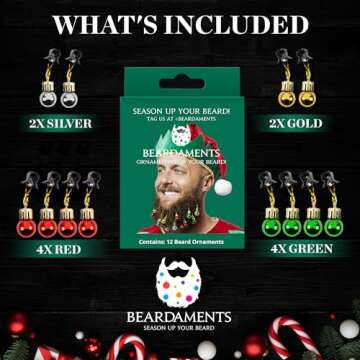 Beardaments Beard Ornaments for Men Colorful Christmas Baubles - Easy-Attach Funny Christmas Ornaments for Cosplay and Holiday Parties - 12pc