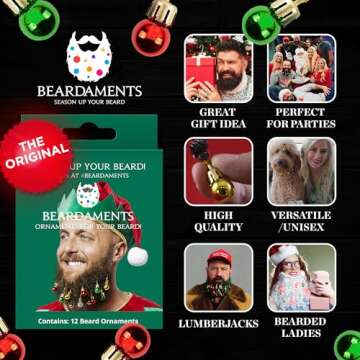 Beardaments Beard Ornaments for Men Colorful Christmas Baubles - Easy-Attach Funny Christmas Ornaments for Cosplay and Holiday Parties - 12pc