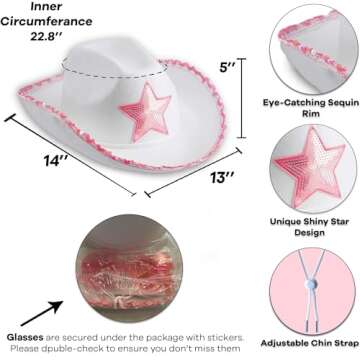 Funcredible White Cowboy Hat and Glasses - Preppy Cowgirl Hat with Star - Sparkly Cowboy Hat - Cowgirl Outfit Accessories for Women and Girls