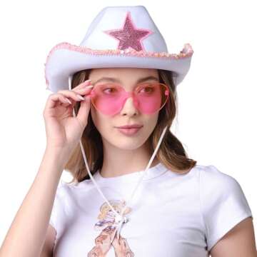 Funcredible White Cowboy Hat and Glasses - Preppy Cowgirl Hat with Star - Sparkly Cowboy Hat - Cowgirl Outfit Accessories for Women and Girls