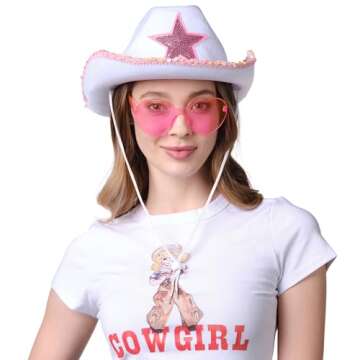 Funcredible White Cowboy Hat and Glasses - Preppy Cowgirl Hat with Star - Sparkly Cowboy Hat - Cowgirl Outfit Accessories for Women and Girls