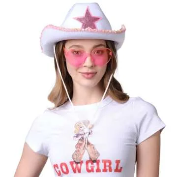 Funcredible White Cowboy Hat and Glasses - Preppy Cowgirl Hat with Star - Sparkly Cowboy Hat - Cowgirl Outfit Accessories for Women and Girls