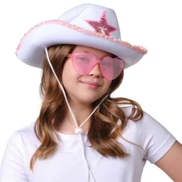 Funcredible White Cowboy Hat and Glasses - Preppy Cowgirl Hat with Star - Sparkly Cowboy Hat - Cowgirl Outfit Accessories for Women and Girls
