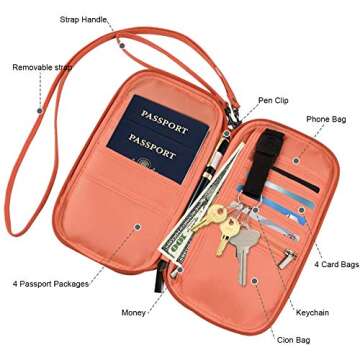 RFID Blocking Passport Wallet, Family Travel Passport Holder Document Organizer Bag with Wrist & Neck Double Strap (Orange)