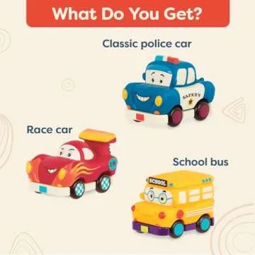 B. toys- Mini Wheeee-ls!- 3 pc Mini Pull-Back Vehicles Set, Bus & Cars, Multi, Hot Rod, School Bus, Police Car- 1 year +
