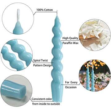 Spiral Taper Candlesticks Blue Candles Stick Twisted Candles H 7.5inch Wax Unscented Dinner Candle Dripless for Home Decor, Relaxation & All Occasions(Blue)