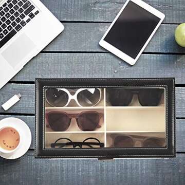 Siveit 12 Grids Sunglass Organizer Leather Eyeglasses Collector Double-Layer Eyewear Display Case Lo...