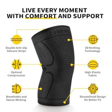 CAMBIVO 2 Pack Knee Braces for Knee Pain, Knee Compression Sleeve for Men and Women, Knee Support for Meniscus Tear, Running, Weightlifting, Workout, ACL, Arthritis, Joint Pain Relief (Black,Medium)
