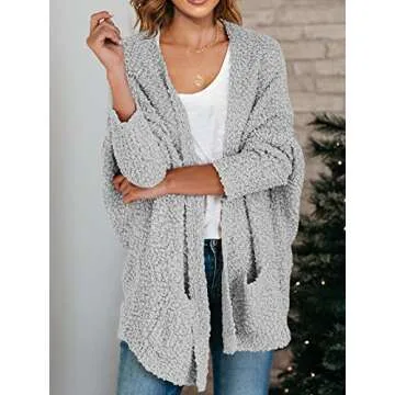 Cardigan Sweaters for Women Open Front Chunky Popcorn Cardigans Oversized Boyfriend Batwing Long Sleeve Fuzzy Knit Coat Gray
